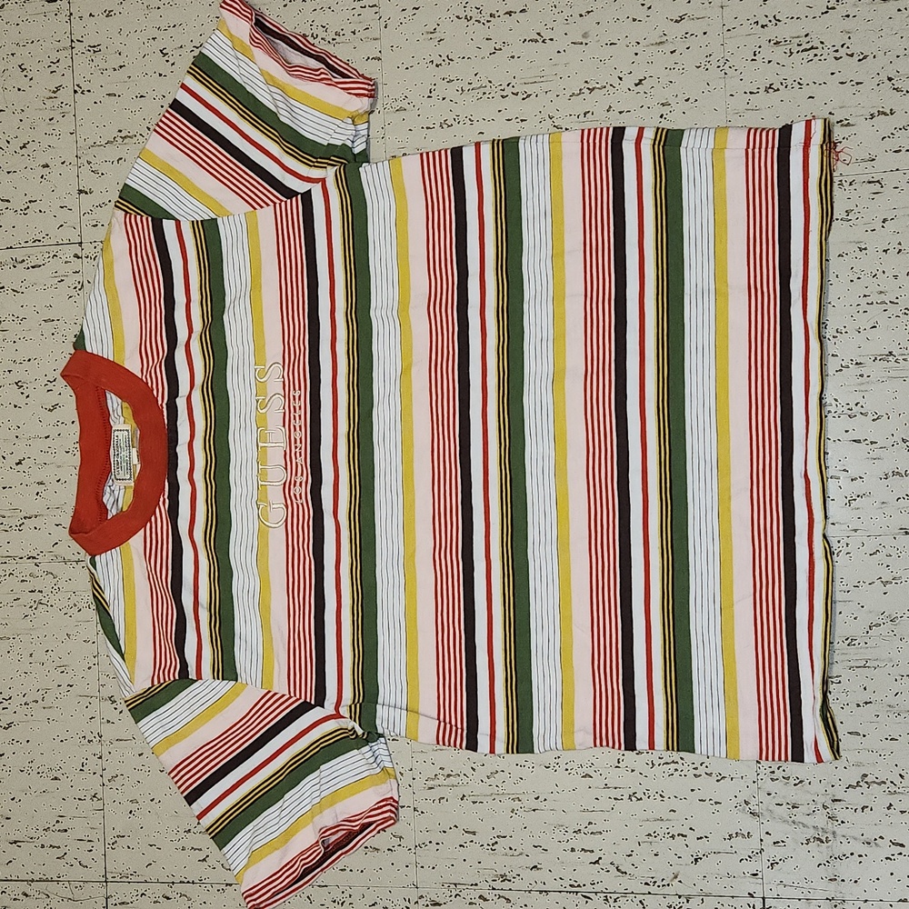 Guess Originals Multi Color Stripe Spellout Crewneck T-Shirt Vintage Y2K